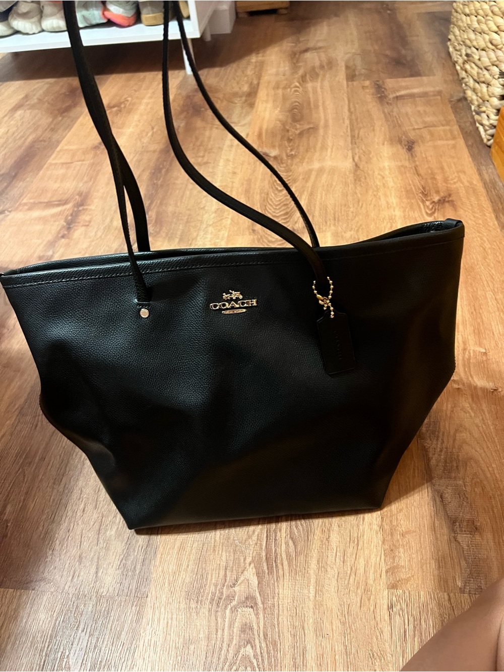Coach Black Leather Shoulder Tote with Gold Logo